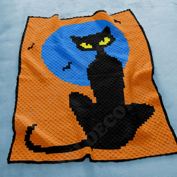 Home Decor Spooky Throw Halloween Black Cat Orange Blanket C2C Crochet Pattern