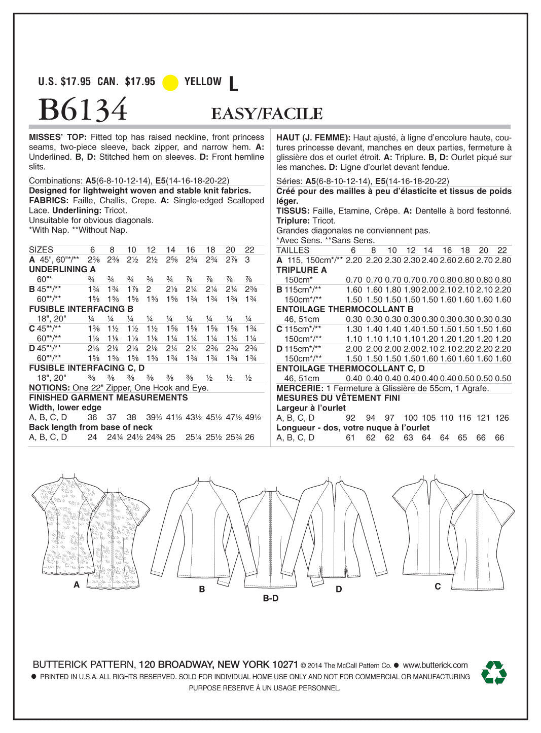 Butterick Misses' Top B6134 - Sewing Pattern