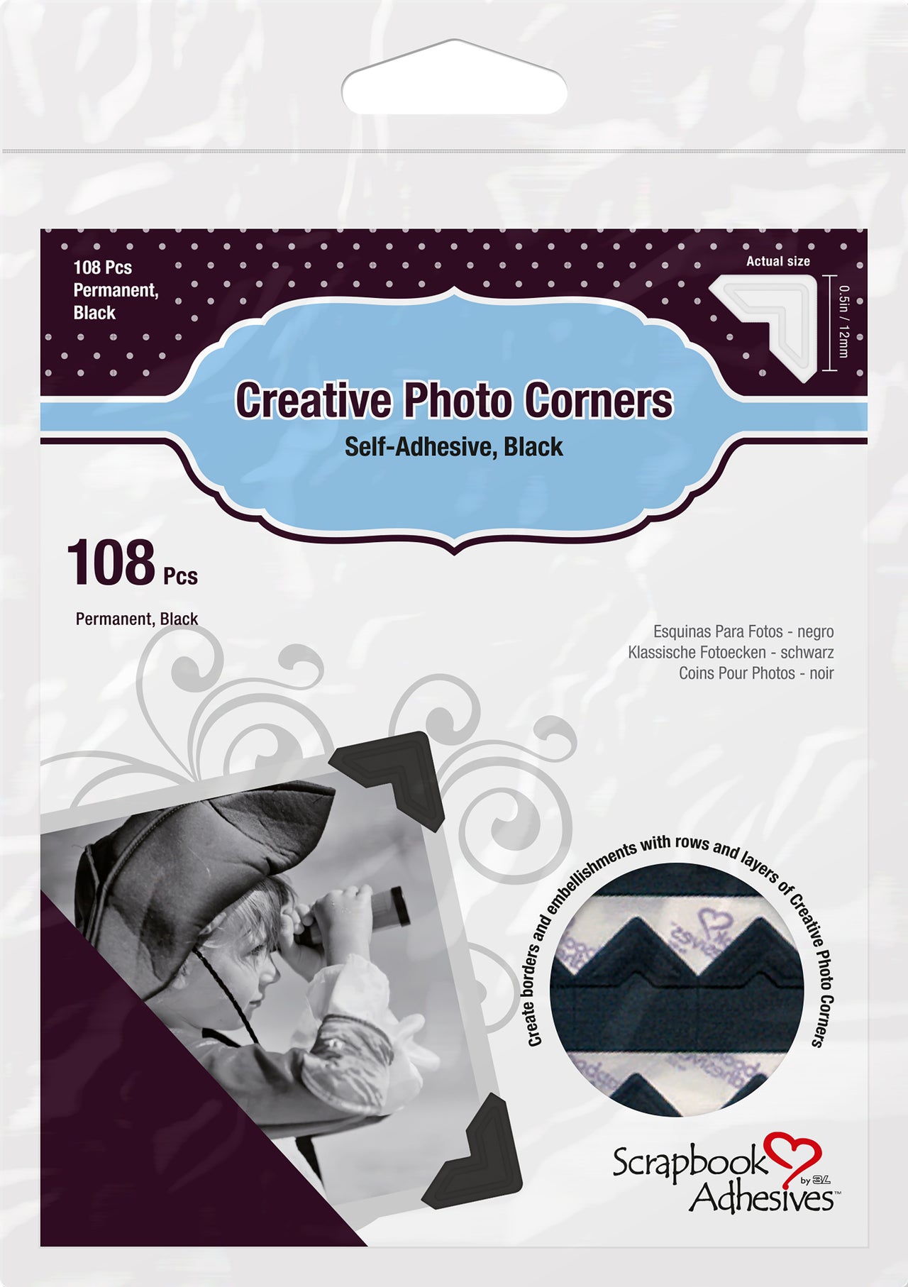 3L Scrapbook Adhesives Paper Photo Corners Self-Adhesive 108/Pk - Black