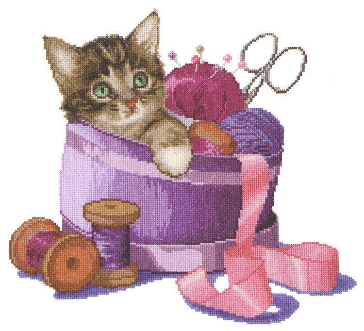 Thea Gouverneur Bv Kitten in the Sewing Basket Cross Stitch Kit - 31cm x 30cm