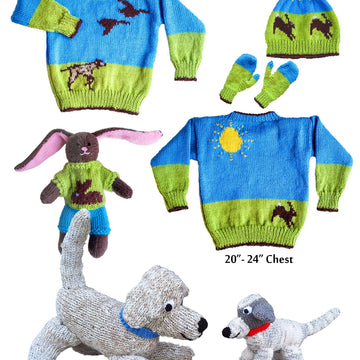Pointer dog sweater, hat, mittens and toys