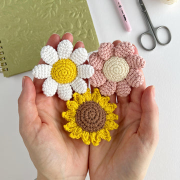 No sew crochet Flower keychain pattern bundle, Daisy, Sunflower and Flower charm