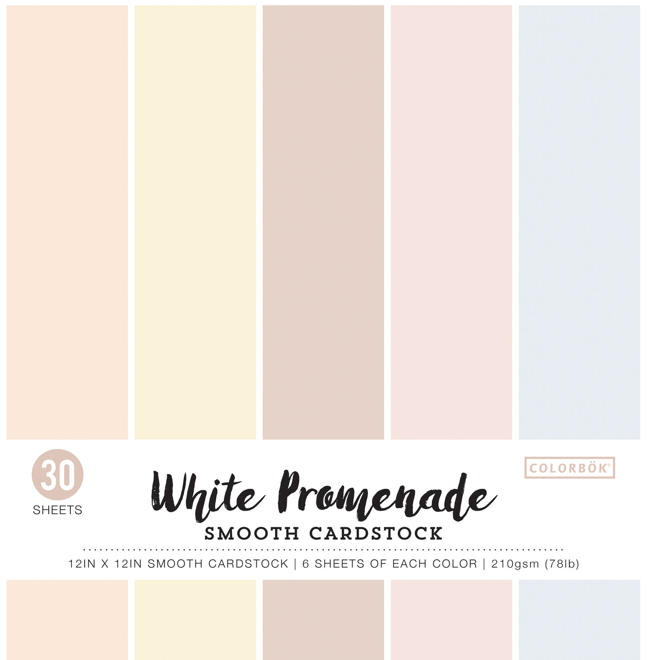 American Crafts Colorbok 78lb Smooth Cardstock 12"X12" 30/Pkg - White Promenade, 5 Colors/6 Each