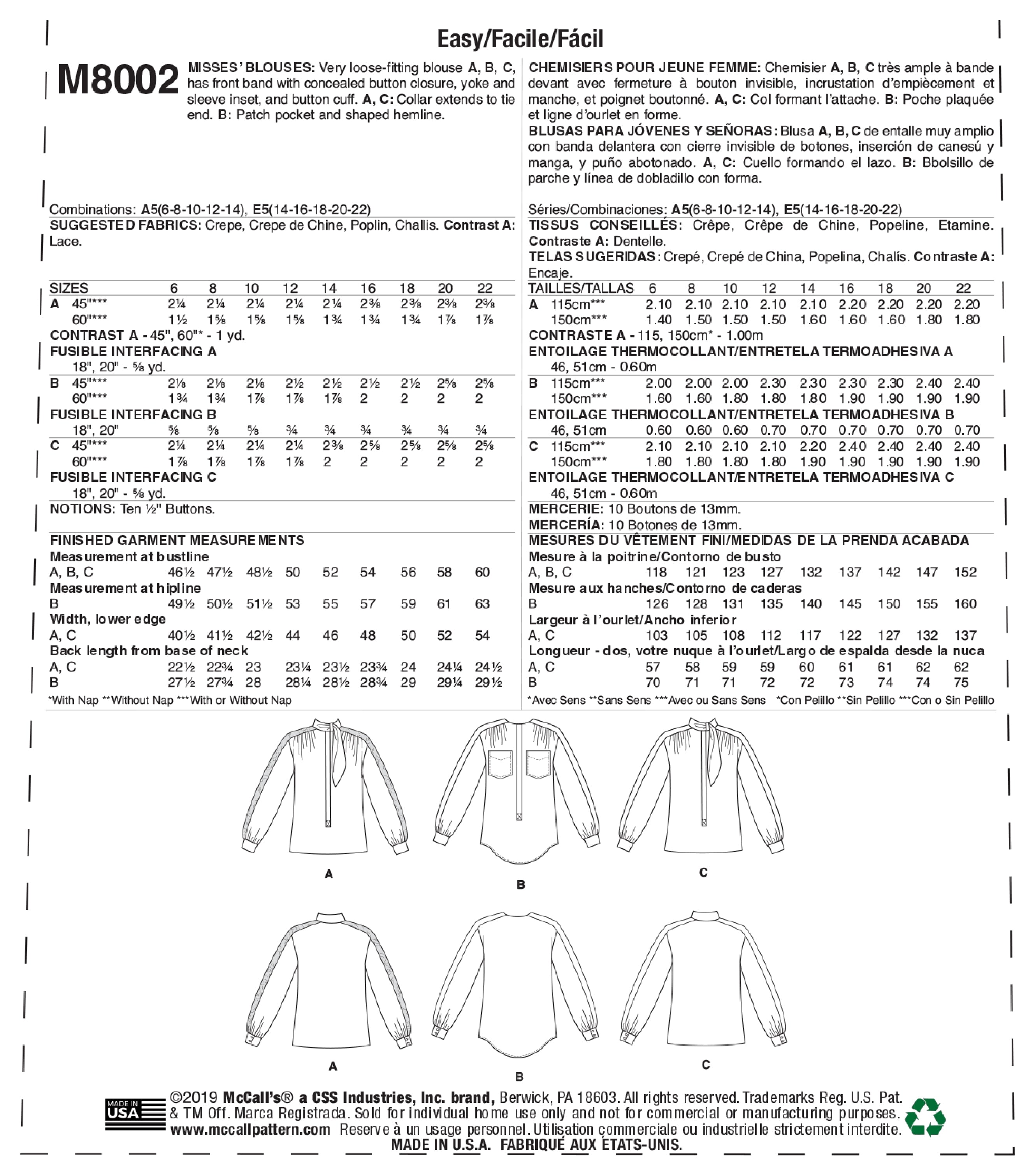 McCall's Misses' Blouses M8002 - Sewing Pattern