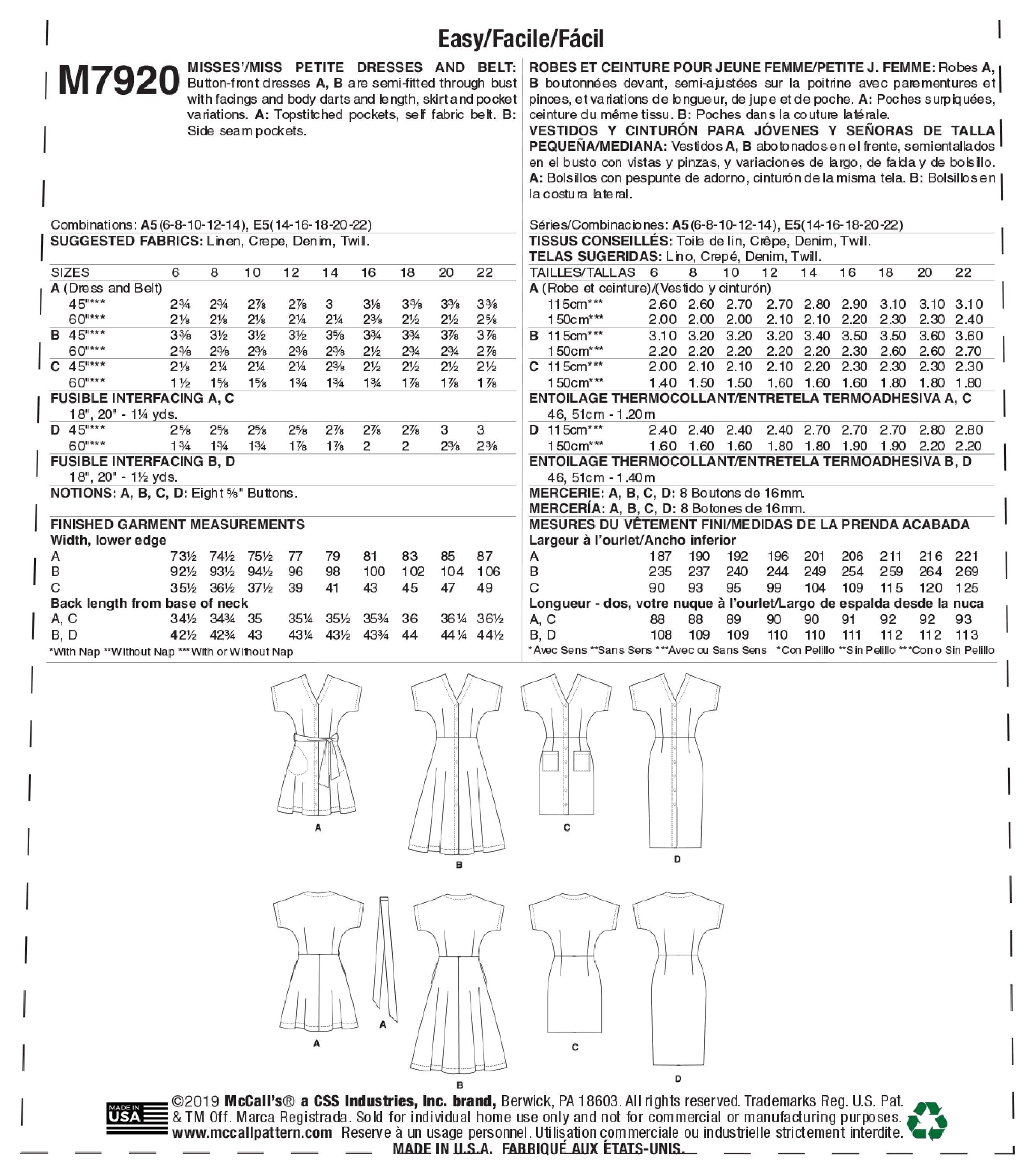 McCall's Misses'/Miss Petite Dresses and Belt M7920 - Sewing Pattern