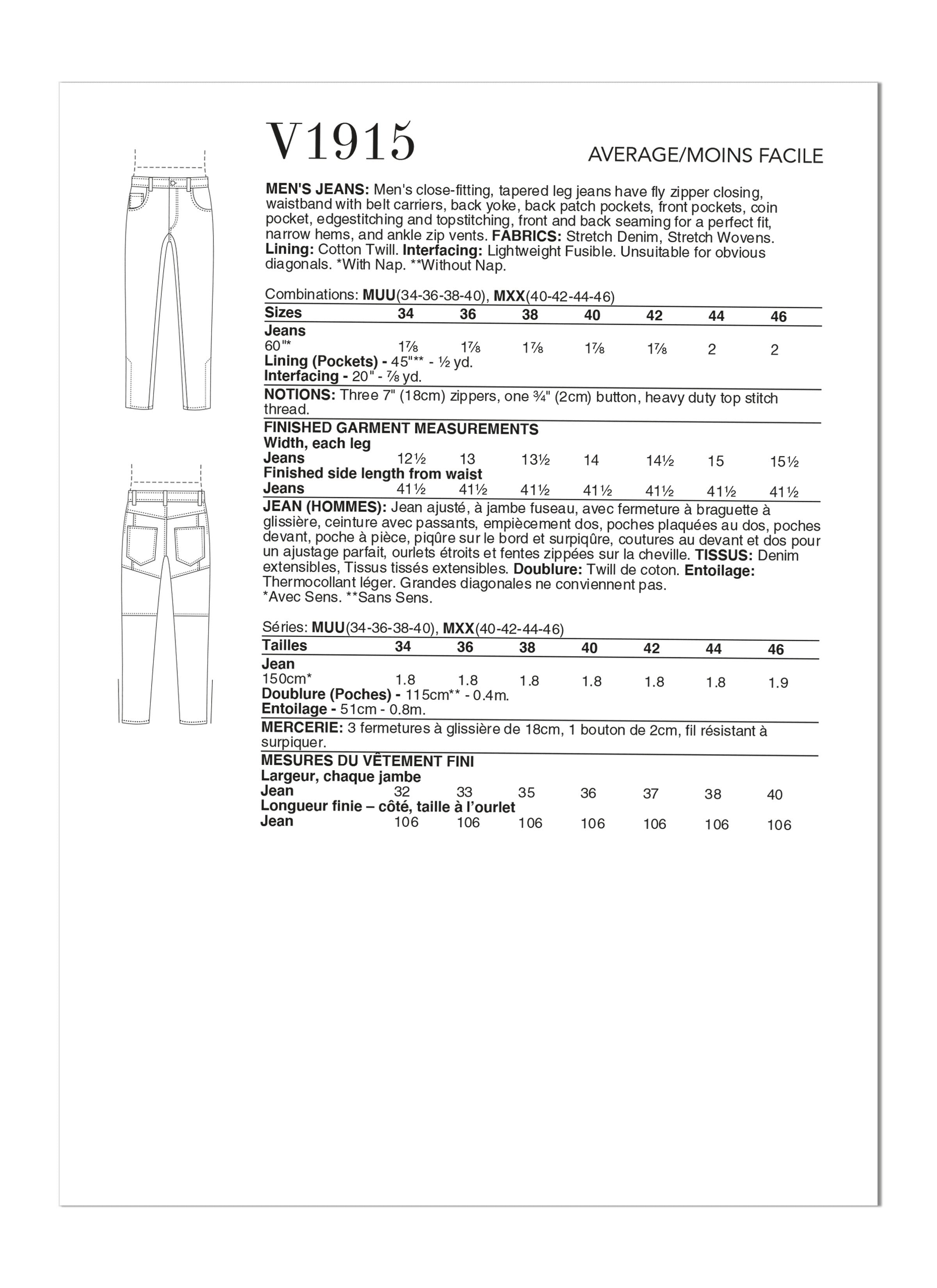 Vogue Sewing Men's Jeans V1915 - Sewing Pattern