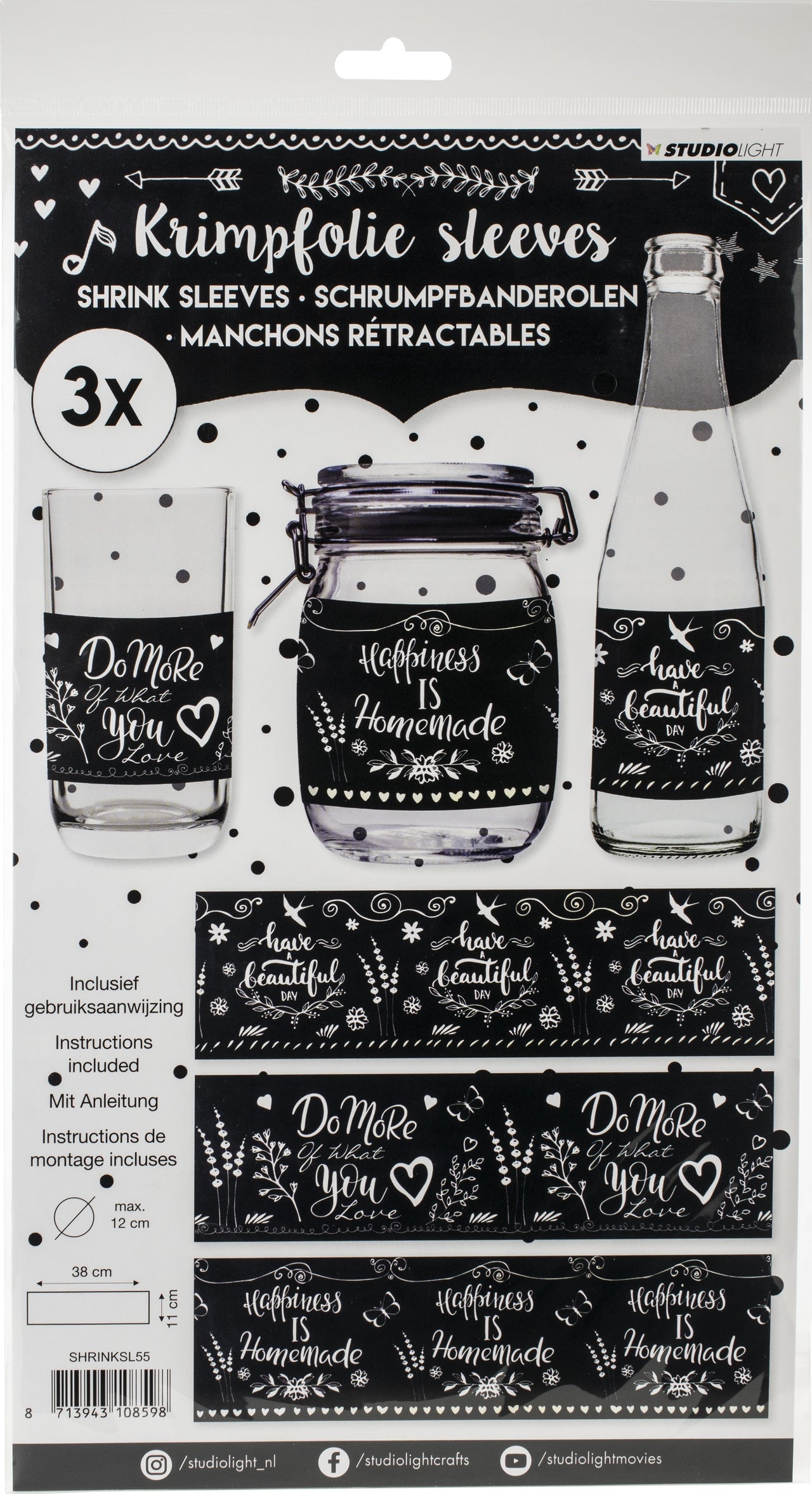 Studio Light Shrink Sleeves 15"X4.25" 3/Pkg - Chalk, 3 Designs/1 Each