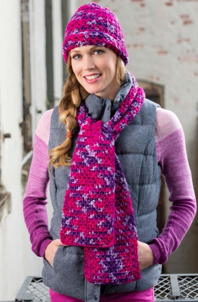 Woven Stitch Hat & Scarf in Red Heart With Love Multis - LW3319