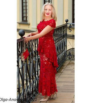 Red lace suit - top, skirt, peplum