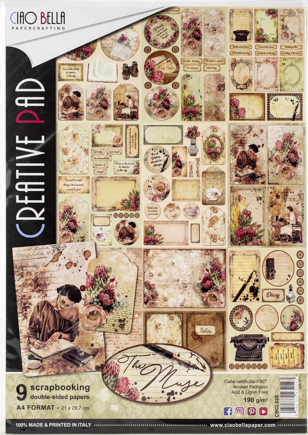 Ciao Bella Double-Sided Creative Pack 90lb A4 9/Pkg - The Muse, 9 Designs/1 Each