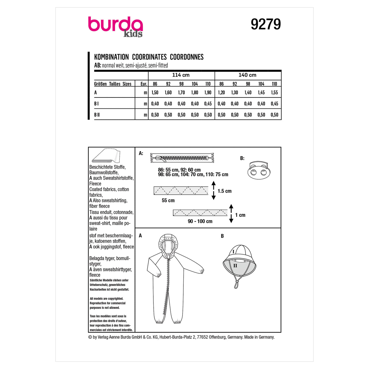 Burda Style Toddlers' Onesie and Hat B9279 - Paper Pattern, Size 18M-5