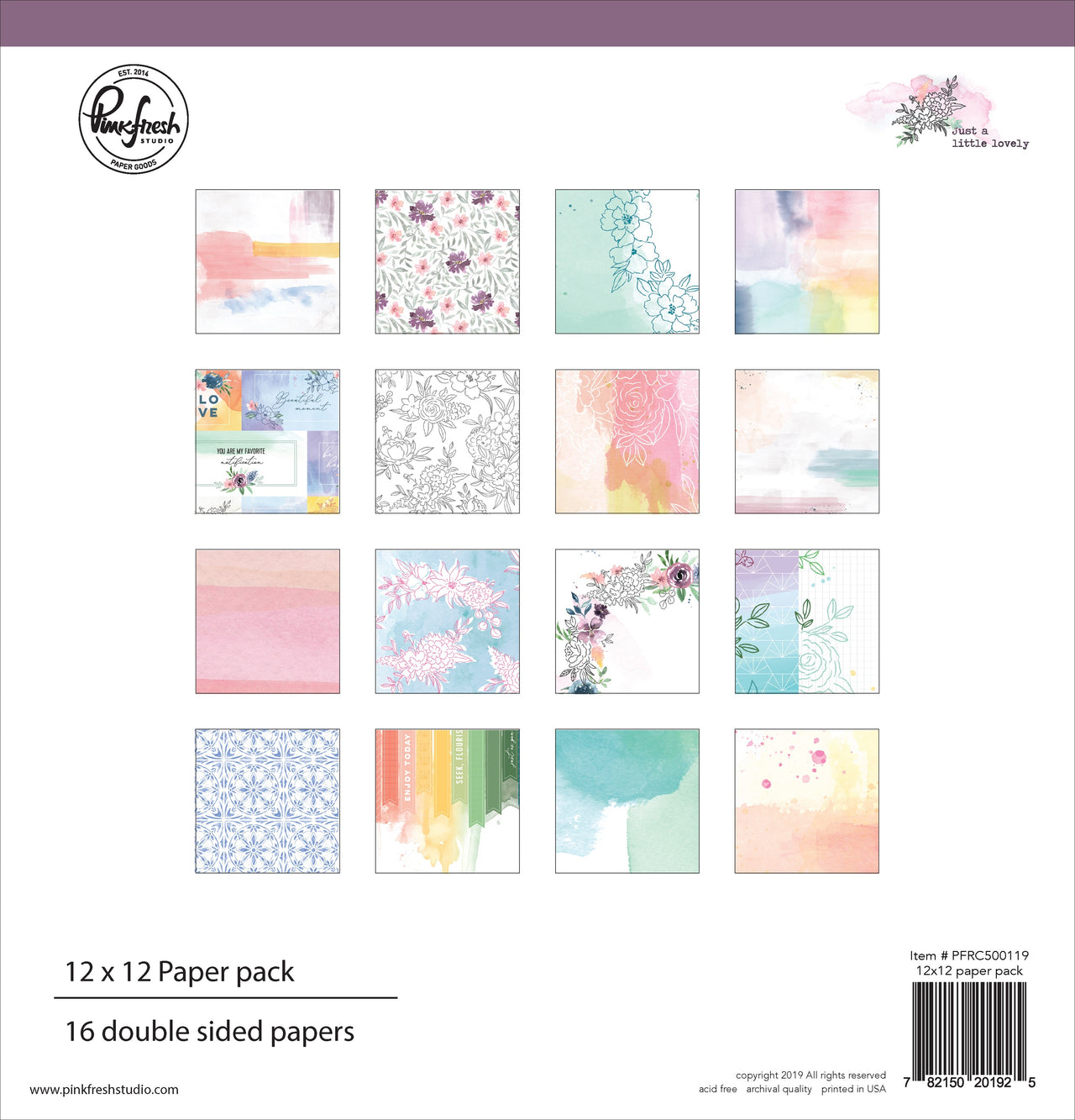Pinkfresh Studio Double-Sided Paper Pack 12"X12" 16/Pkg - Just A Little Lovely, 8 Designs/2 Each