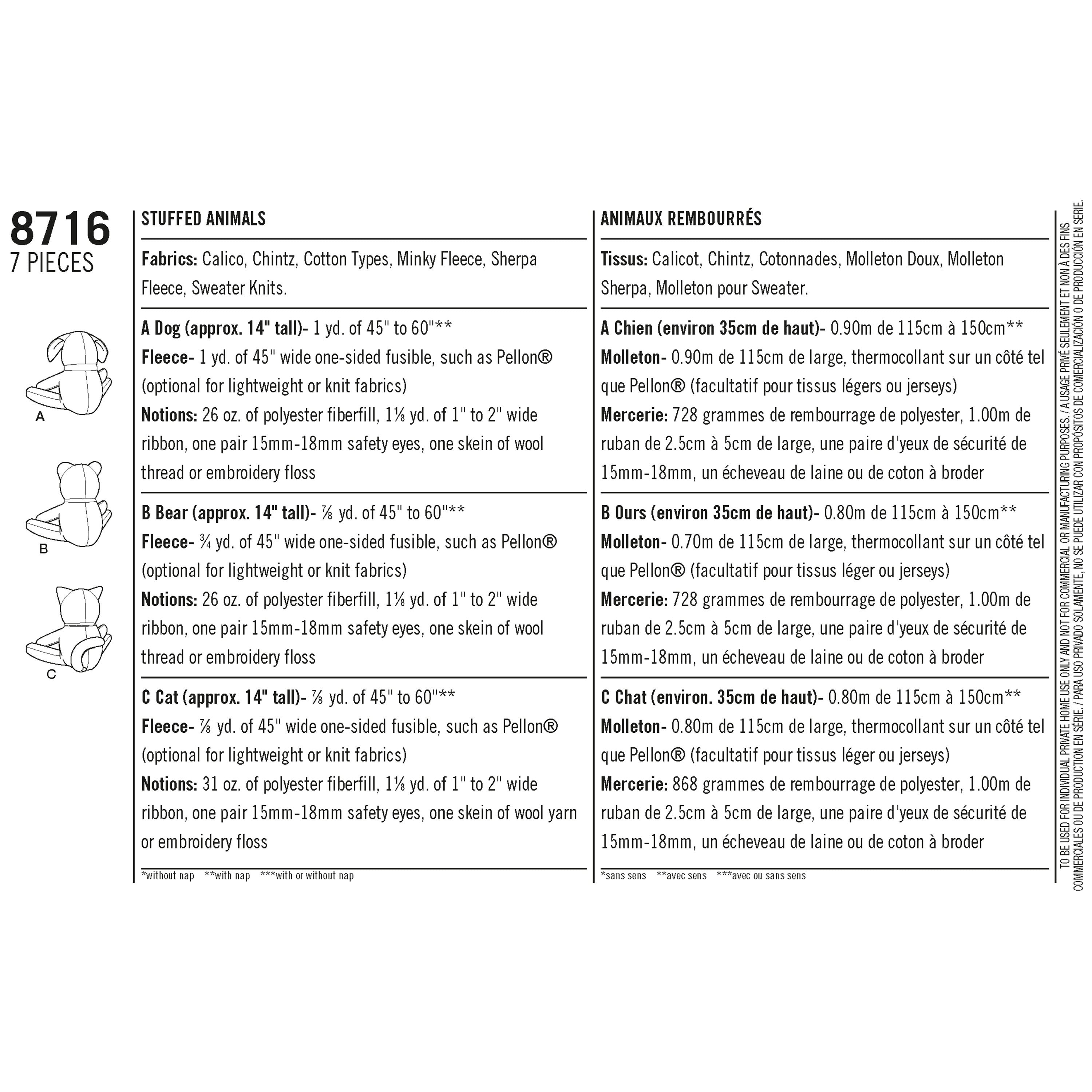 Simplicity 8716 Stuffed Animals - Paper Pattern, Size OS (ONE SIZE)