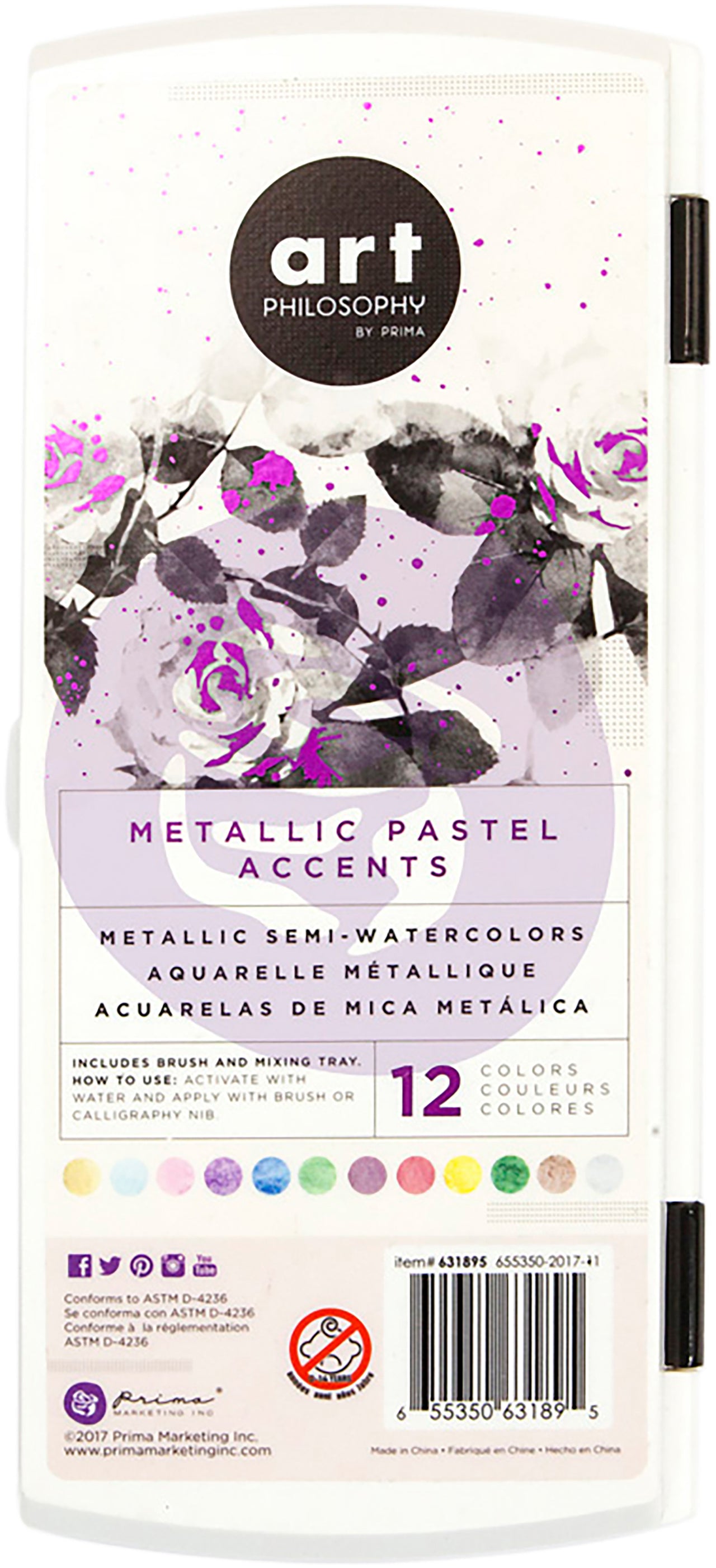 Prima Marketing Prima Art Philosophy Metallic Accents Semi-Watercolor Paint - 12 Pastel Cakes & Brush