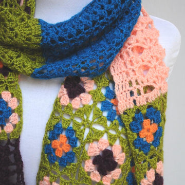 Farfallina patchwork crochet scarf with fringe