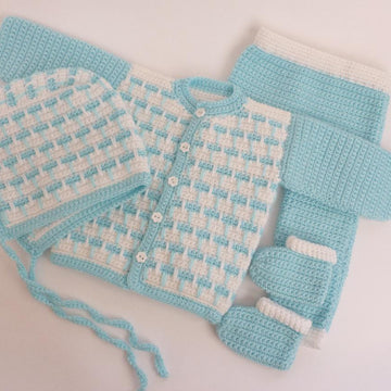 5pcs Crocheted Newborn Baby Set - blanket, top, pants, bonnet, booties