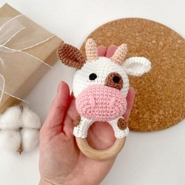Cow crochet pattern Baby rattle toy Amigurumi farm animal Teether ring