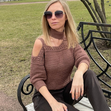 One shoulder turtleneck crochet sweater