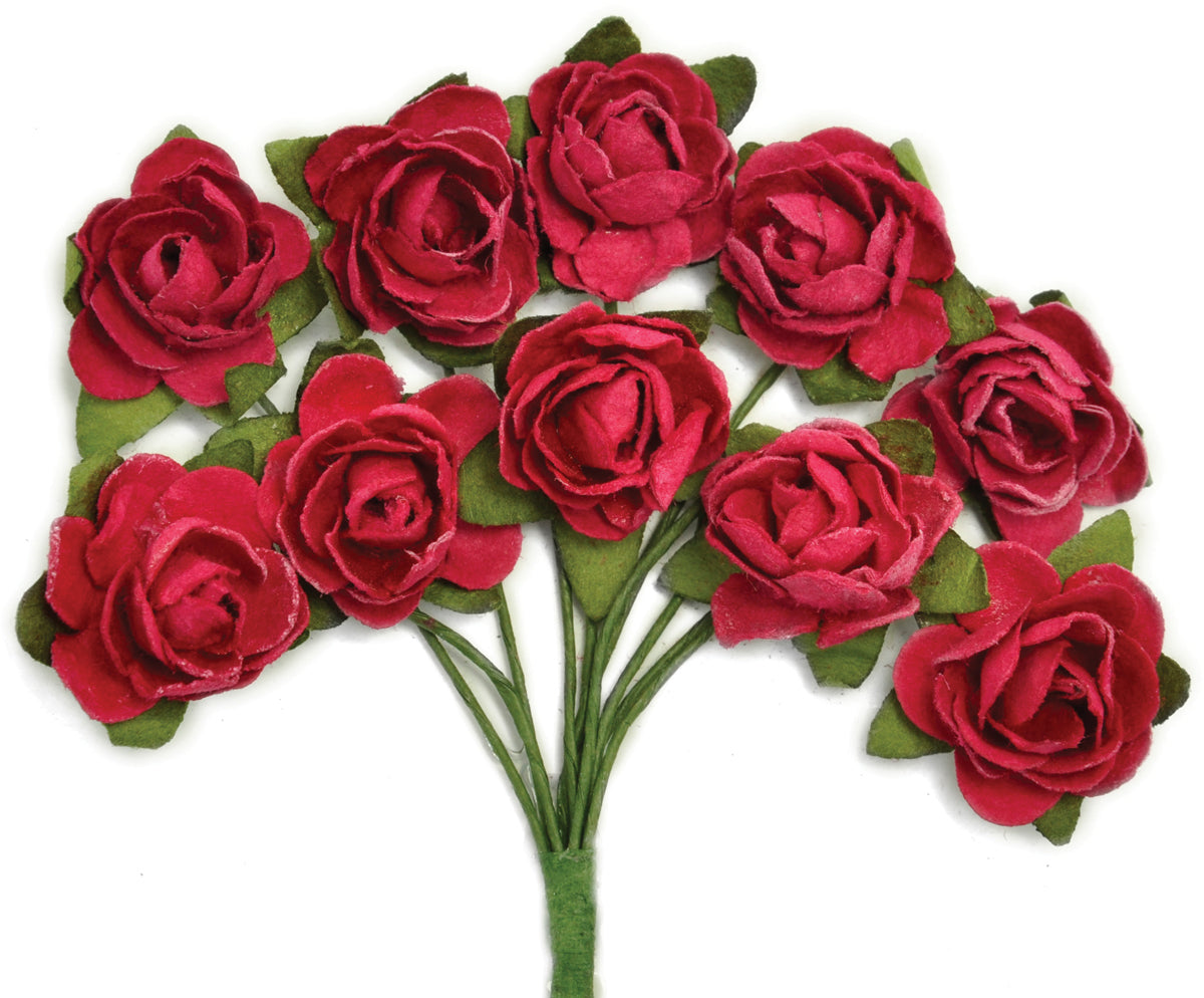 Kaisercraft Mini Paper Blooms Flowers W/Wire Stem 10/Pkg - Cranberry, .5"