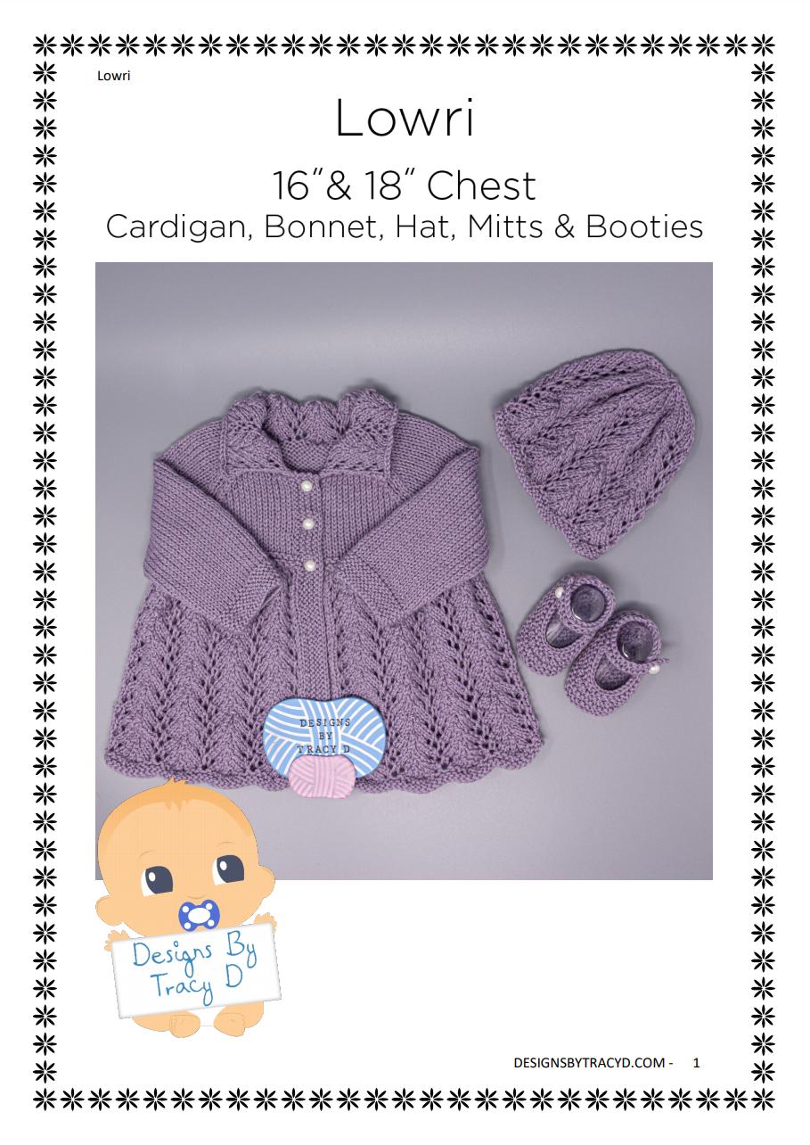 Lowri baby matinee, hat, shoes booties and mitts 16" and 18" chest