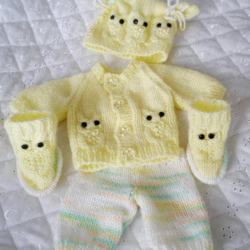 Knitting Pattern for 10&15 inch tall Dolls Owl motif cardigan, leggings,Hat and Boots