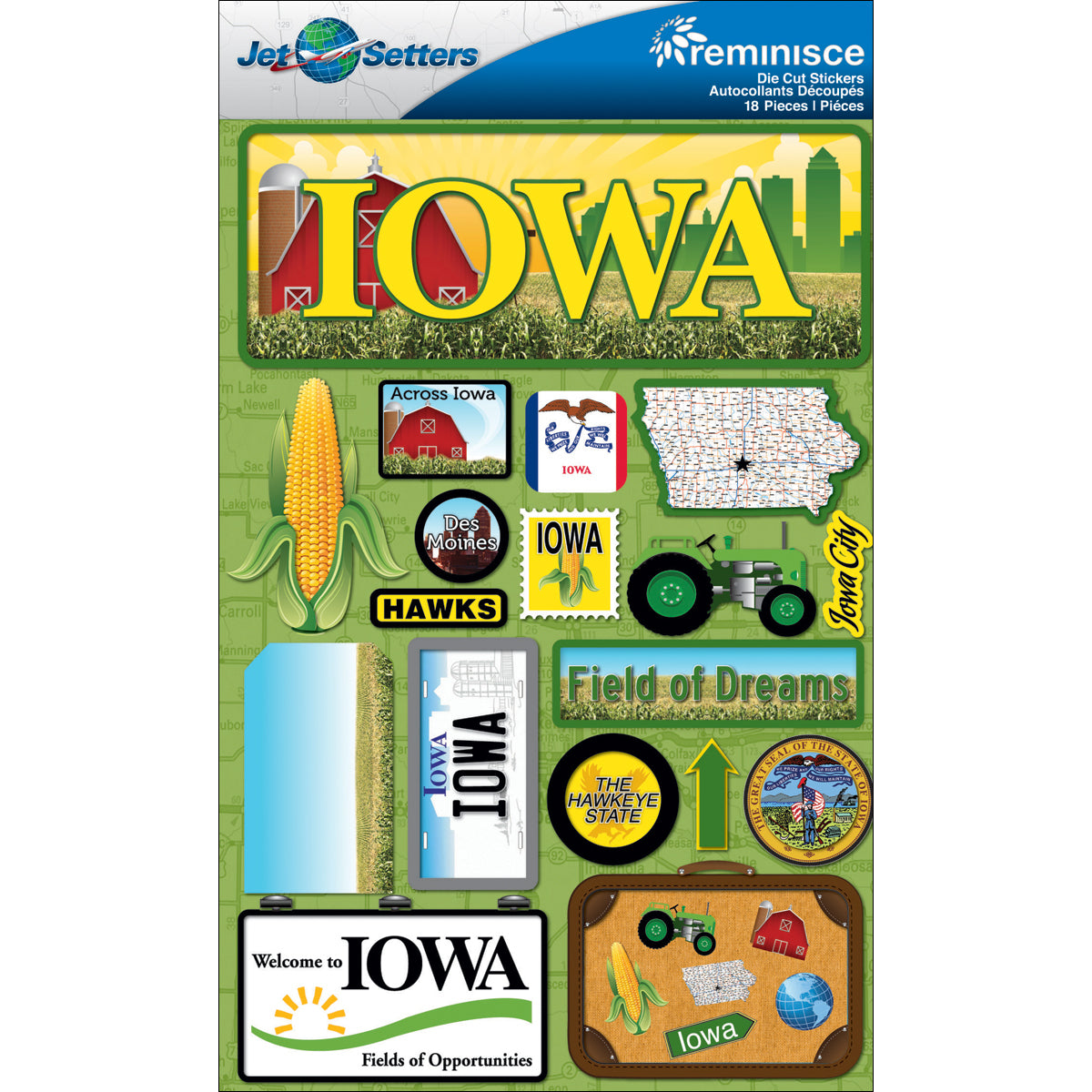 Reminisce Jet Setters State Dimensional Stickers 4.5"X7.5" - Iowa