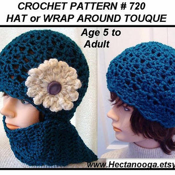 720 TEAL HAT OR WRAP AROUND TOQUE, Crochet Pattern, child and adult