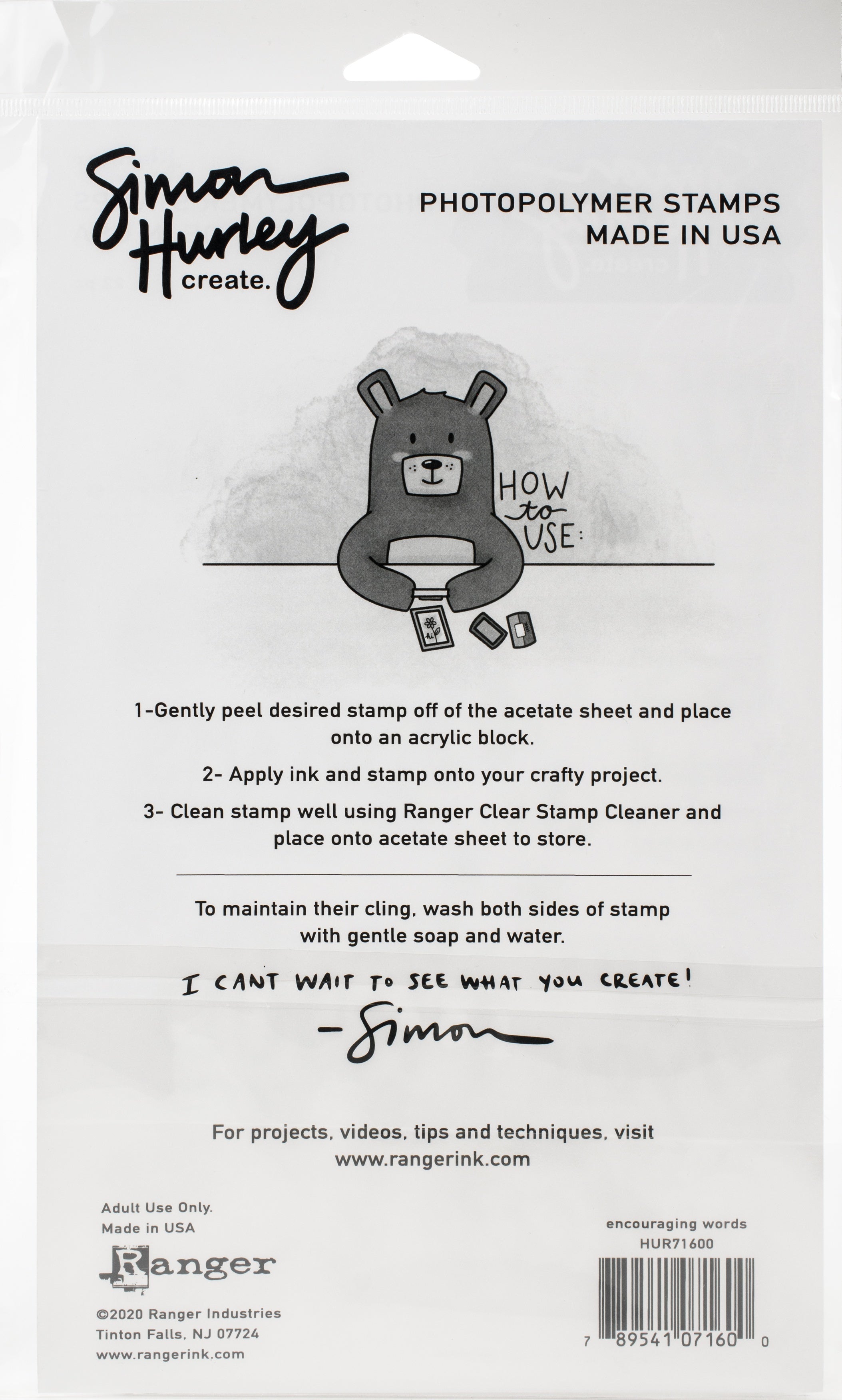 Ranger Simon Hurley create. Cling Stamps 6"X9" - Encouraging Words