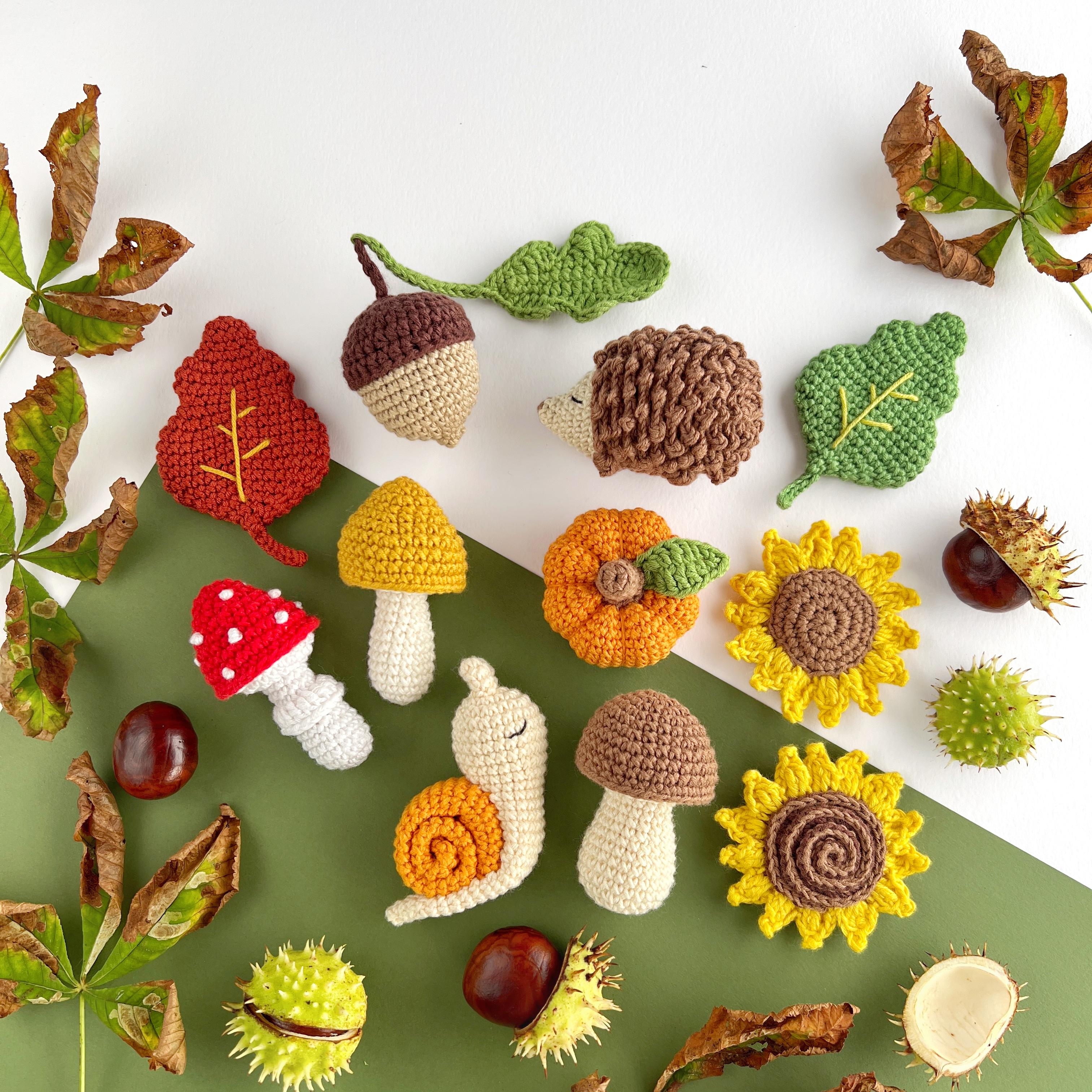Fall crochet pattern bundle Hedgehog Acorn Leaf Pumpkin Mushroom Sunflower & Snail Amigurumi keyring