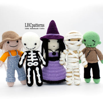 Crochet Pattern: Halloween Characters – Scarecrow, Skeleton, Witch, Mummy and Zombie Crochet Dolls (English)