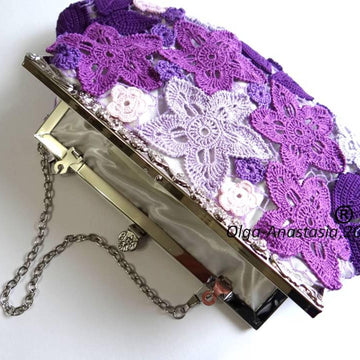 Evening bag purple with Irish crochet lace pattern