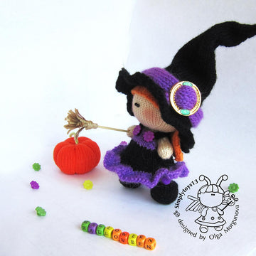 Young Witch doll and Pumpkin knitted flat