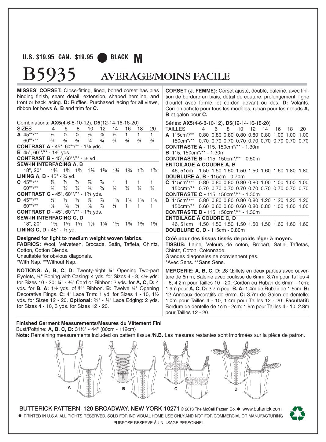 Butterick Misses' Corset B5935 - Sewing Pattern