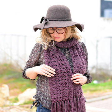 Aubergine crochet scarf with fringe