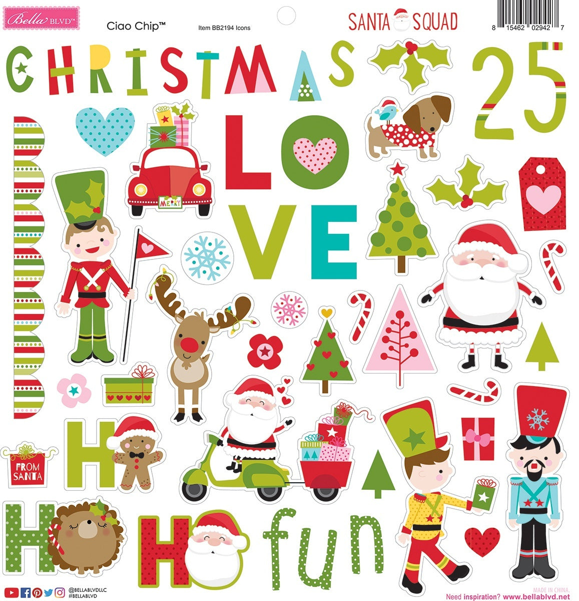 Doodlebug Bella Blvd Chipboard Stickers 12"X12" - Icons, Santa Squad
