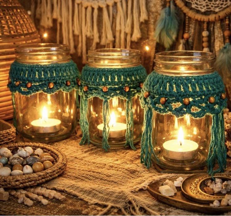 Crochet Beaded Candle Cozy Trio