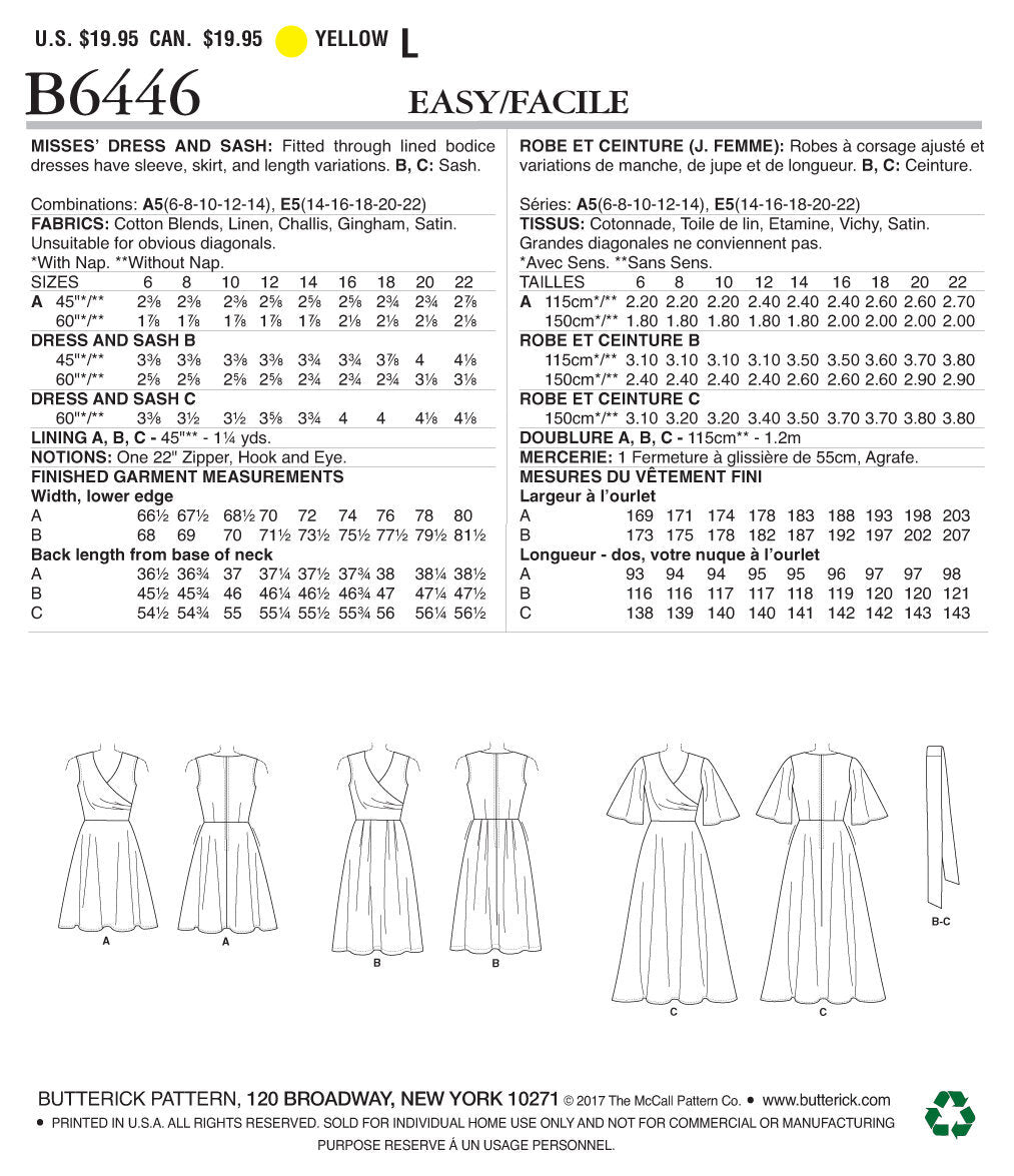 Butterick Misses' Pleated Wrap Dresses with Sash B6446 - Sewing Pattern