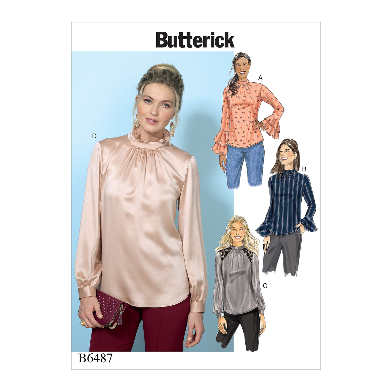 Butterick Misses' Tops with Gather-Detail Mock-Neck, and Sleeve Variations B6487 - Sewing Pattern