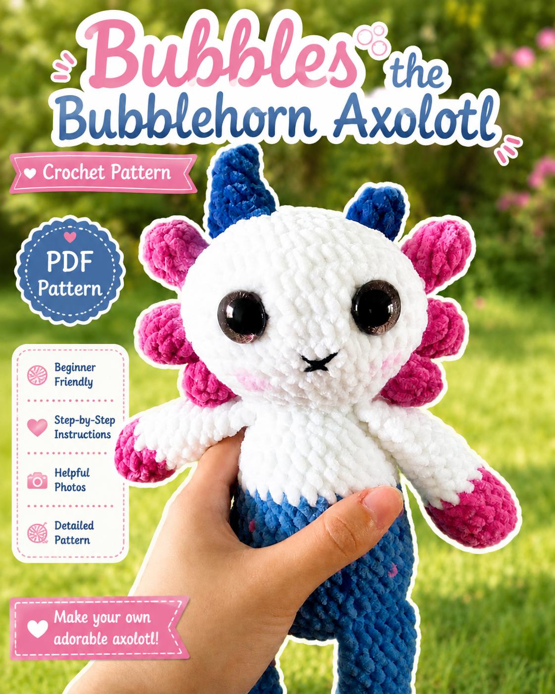 Bubbles the Bubble horn Axolotl Amigurumi, crochet pattern