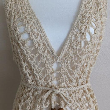 Light Beige Crochet Mesh Dress-Beach Cover-Up