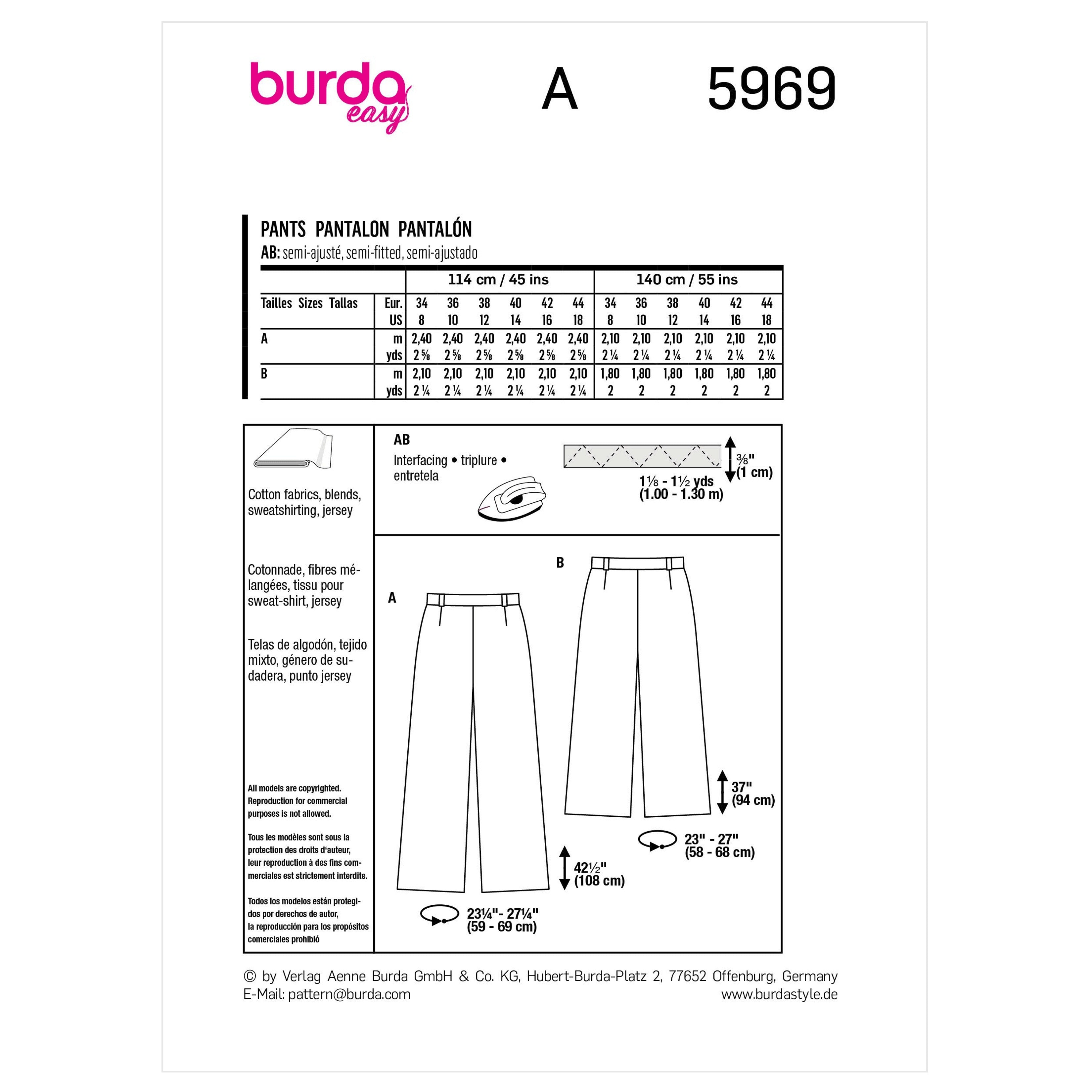 Burda Style Misses' Wide Leg Pants with Back Elastic Waistband B5969 - Sewing Pattern