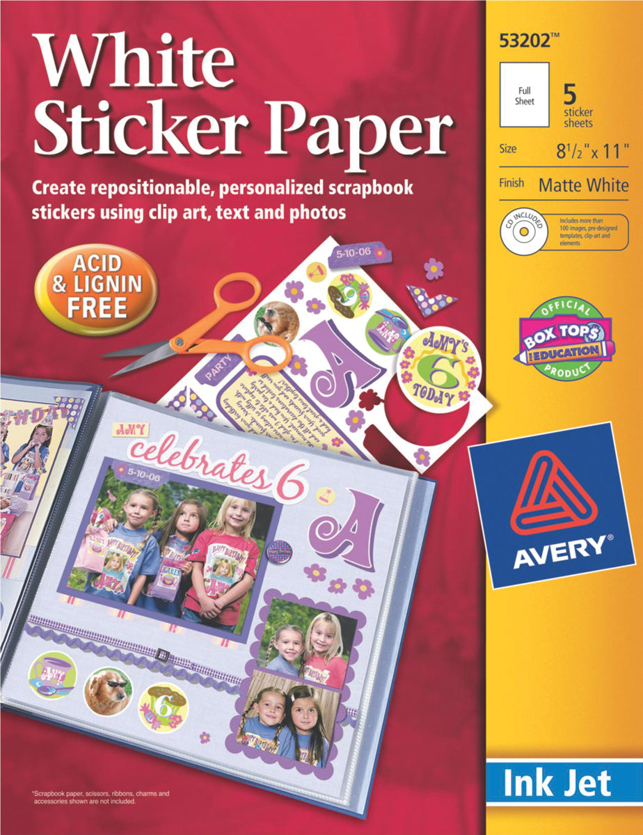 Avery Products Avery Ink Jet Sticker Paper W/CD 8.5"X11" - Matte White 5/Pkg