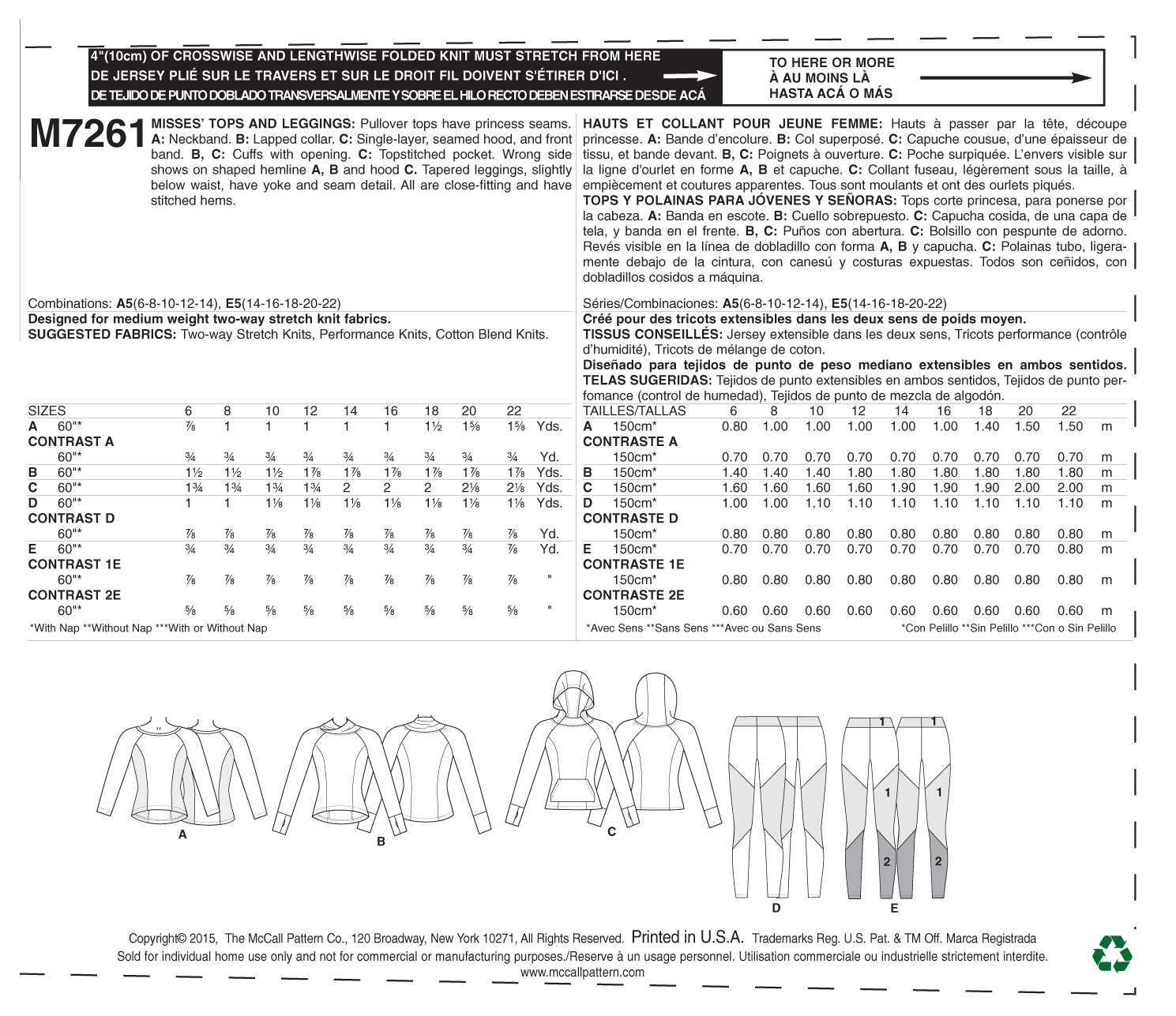 McCall's Misses' Tops and Leggings M7261 - Sewing Pattern