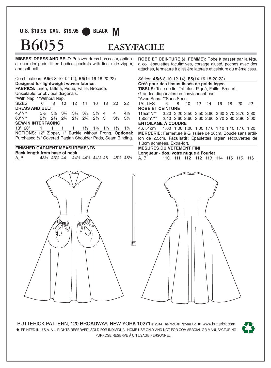 Butterick Misses' Dress and Belt B6055 - Sewing Pattern
