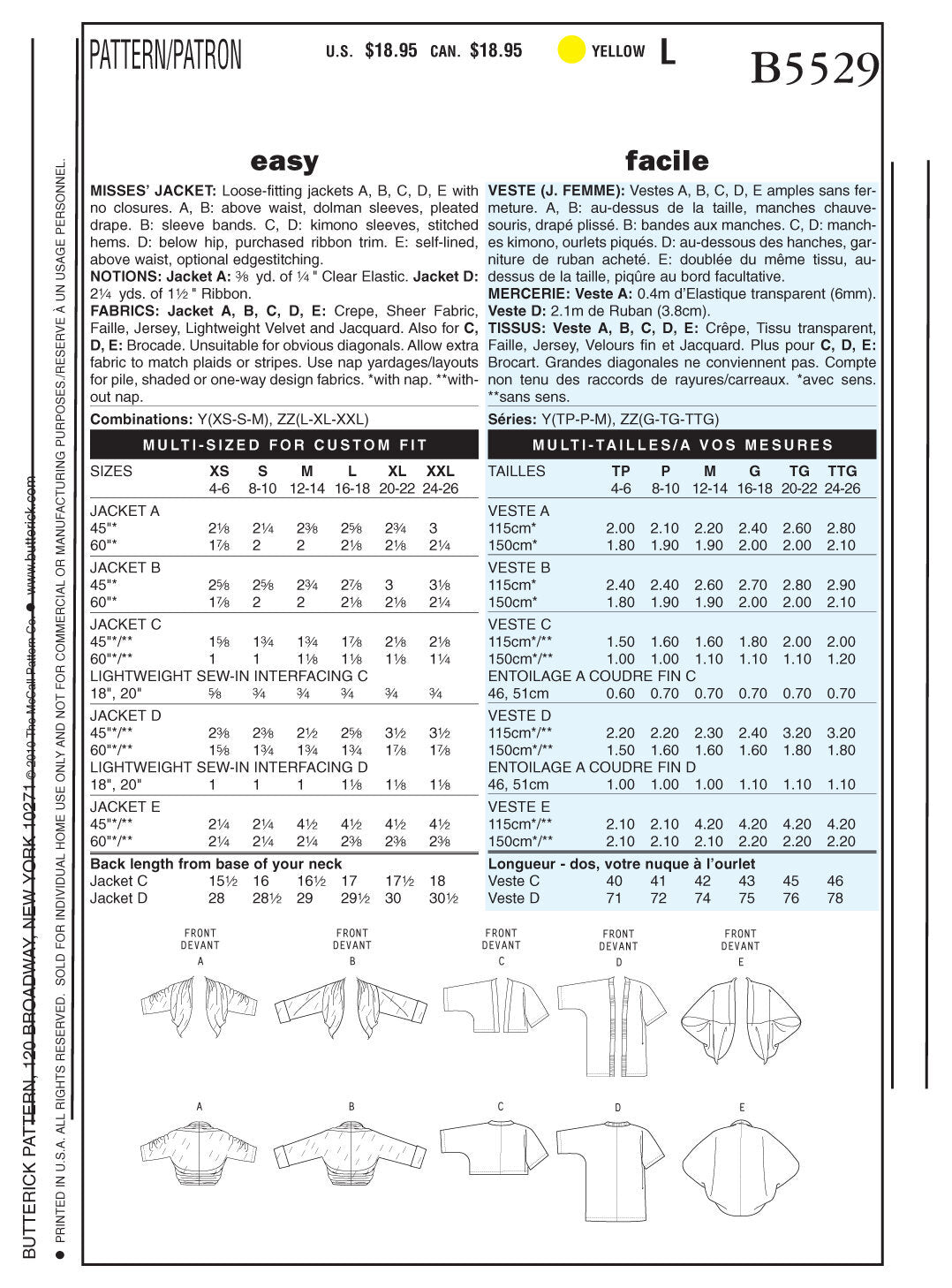 Butterick Misses' Jacket B5529 - Sewing Pattern