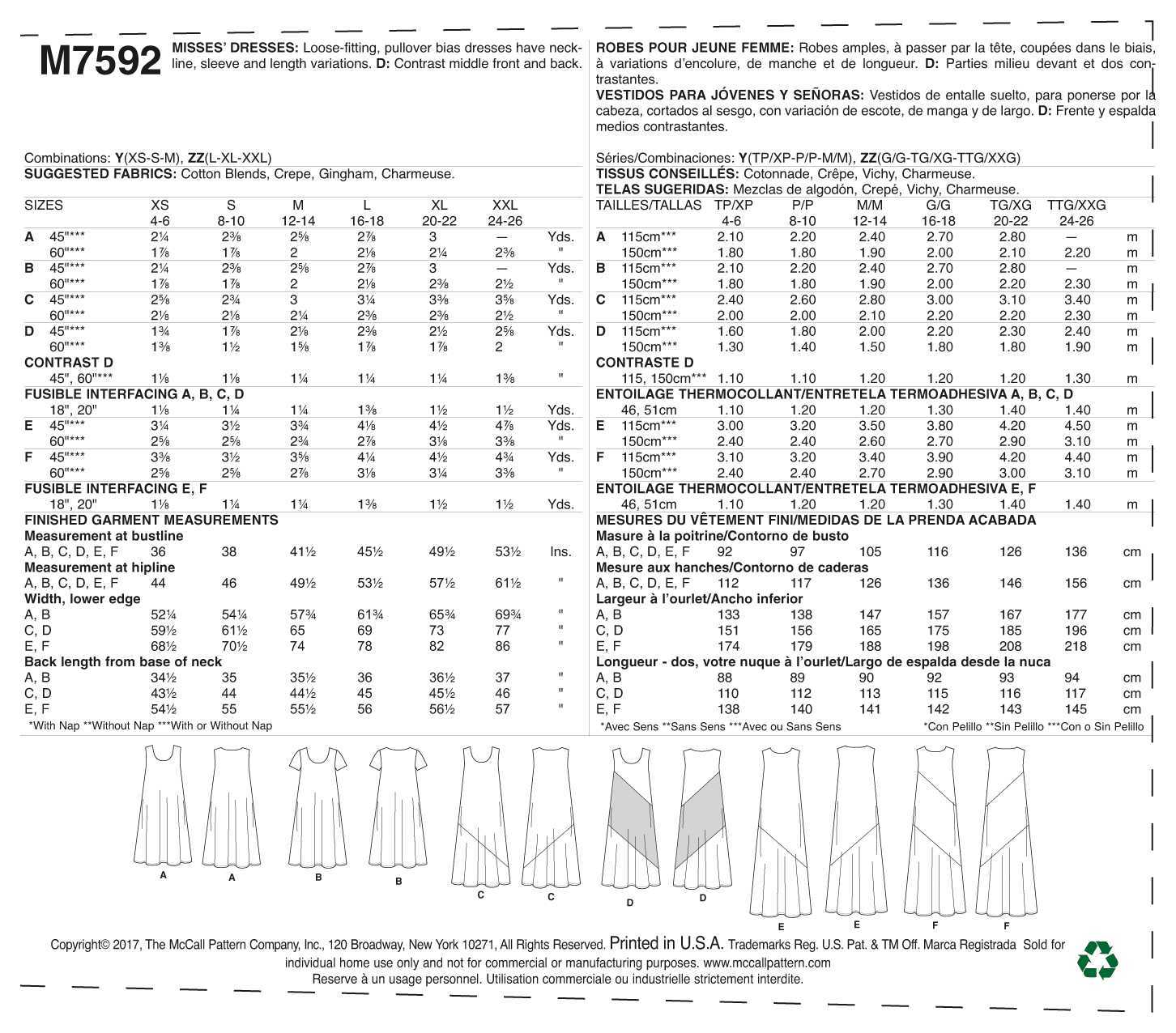 McCall's Misses' Pullover Bias-Cut Tank Dresses M7592 - Sewing Pattern