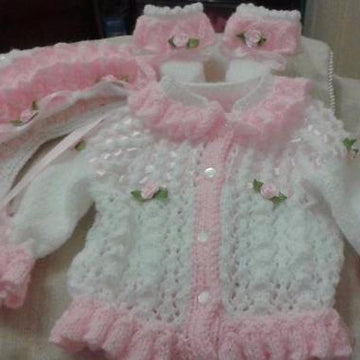 Frilly Edged Cardi, booties and bonnet ref:11