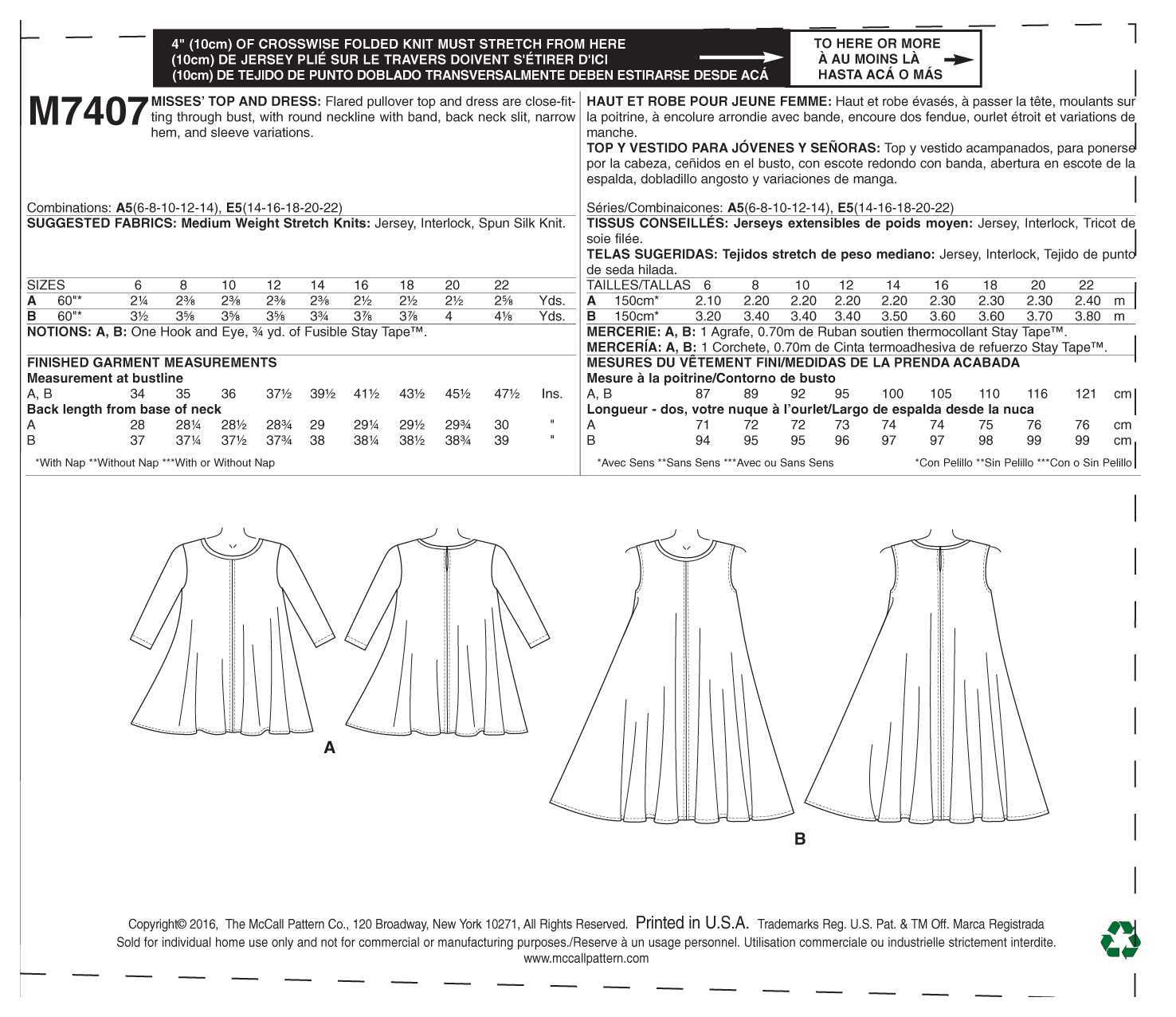 McCall's Misses' Top and Dress M7407 - Sewing Pattern