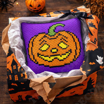 Halloween Pumpkin Pillow Sad Spooky Mini C2C Diagonal Crochet Pattern PDF