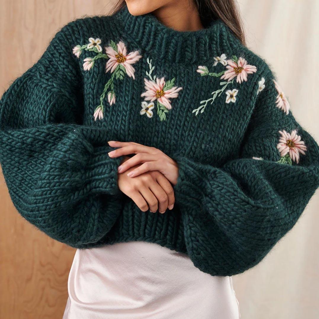 Embroidered Flower Jumper Knitting Pattern